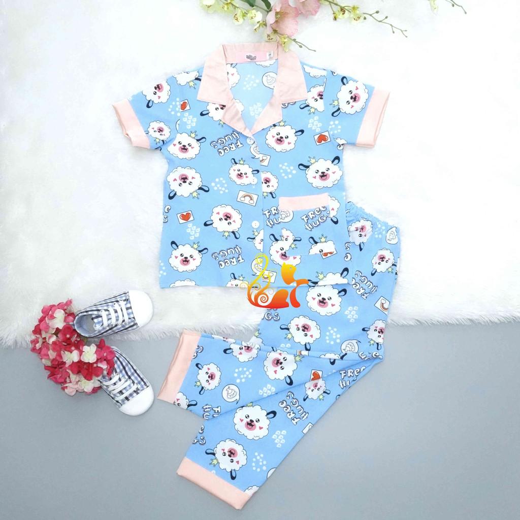 Đồ Bộ Pijama Satin Lụa Hàn &quot;Chó bông&quot; Phối Cổ Trơn Quần Dài Cho Bé - Từ 12kg - 42kg