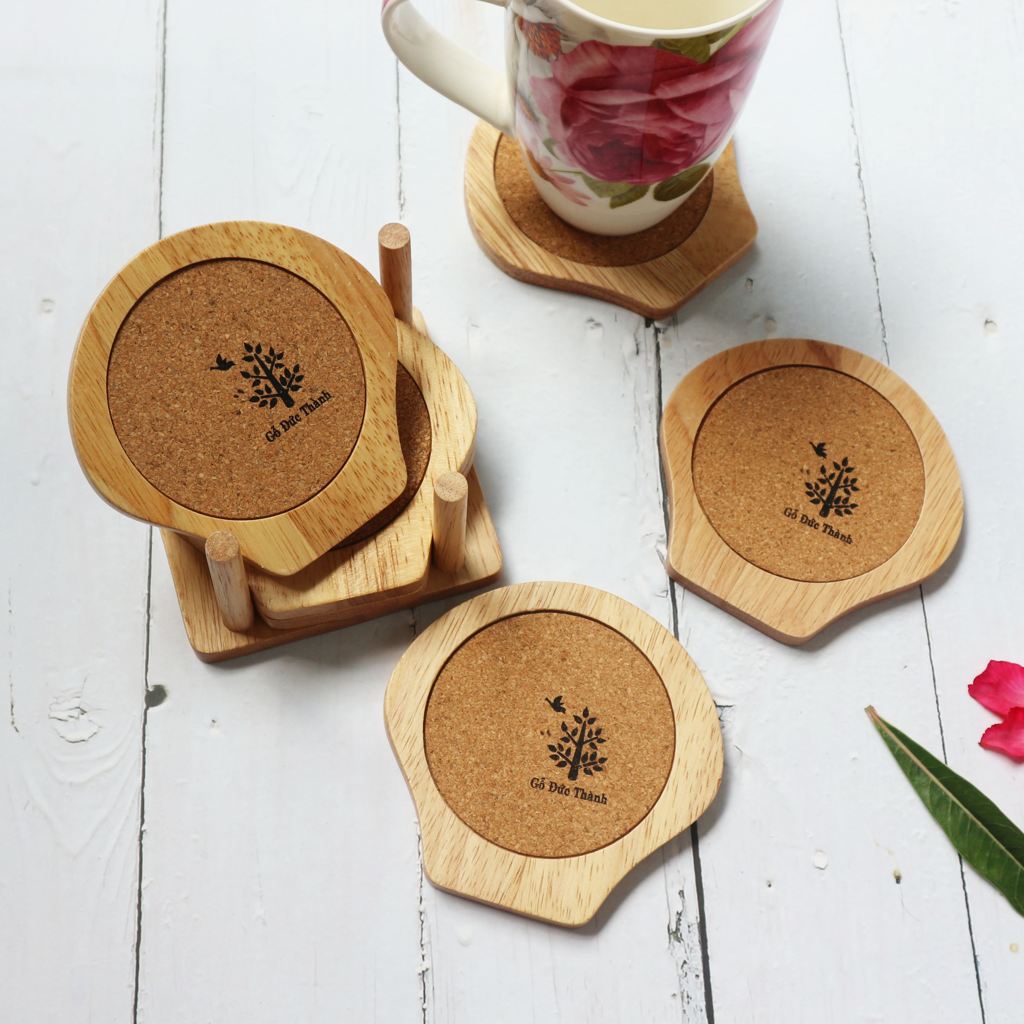 Miếng Lót Ly  Cao Cấp Hình Vỏ Sò, Có Miếng Bần Thấm Nuớc, Khay Đựng Ly Gỗ Trang Trí, Đế Lót Ly