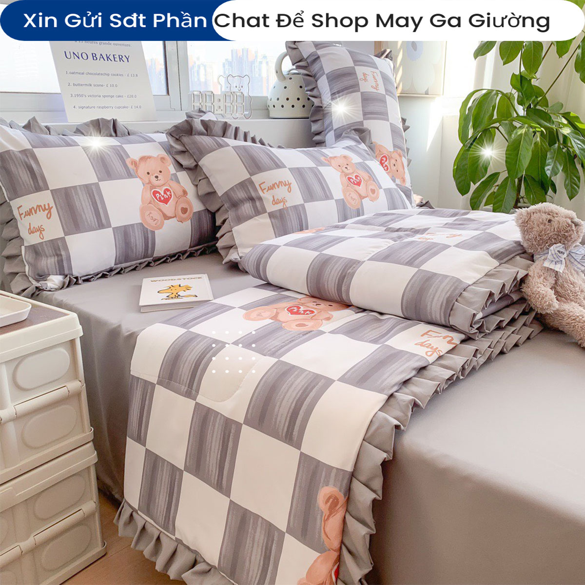 Bộ Chăn Ga Gối Đệm Hè Cotton Tici ANNA NGUYÊN Drap Giường Cotton Cao Cấp Mẫu Kẻ Ô Bo Chun Drap