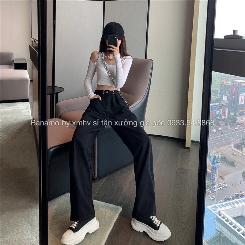 Quần jean nữ phối khuy gài eo cạp cao phong cách Ulzzang Hàn Quốc thời trang quần jean nữ cài eo 969