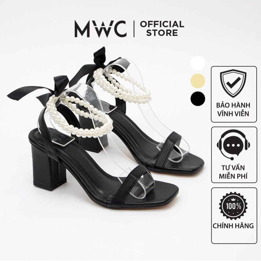 Giày MWC 4331 - Giày Cao Gót Sandal Đế Vuông 7cm Quai Hậu Phối Cườm Đính Nơ Tiểu Thư