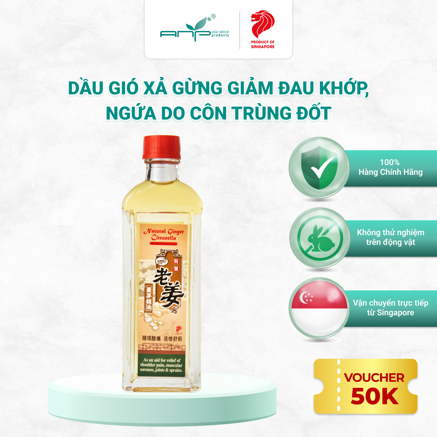 [Voucher 50K] Dầu Gió Xả Gừng Giúp Giảm Đau Khớp Bong Gân Natural Ginger Citronella Thương Hiệu Singapore Giảm Ngứa Khi Bị Côn Trùng Cắn Muỗi Đốt 60ml