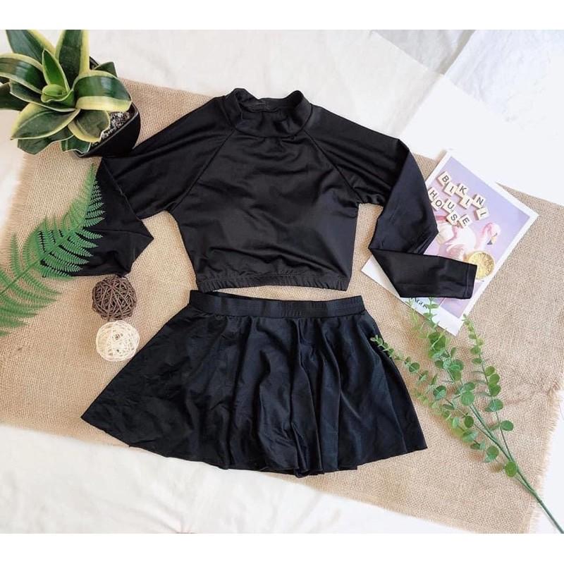 Bikini đi biển 2 mảnh kín đáo - Đồ bơi nữ tay dài váy xòe - Áo bơi croptop đen trơn có size - shopnabi TD2MVX_CDEN
