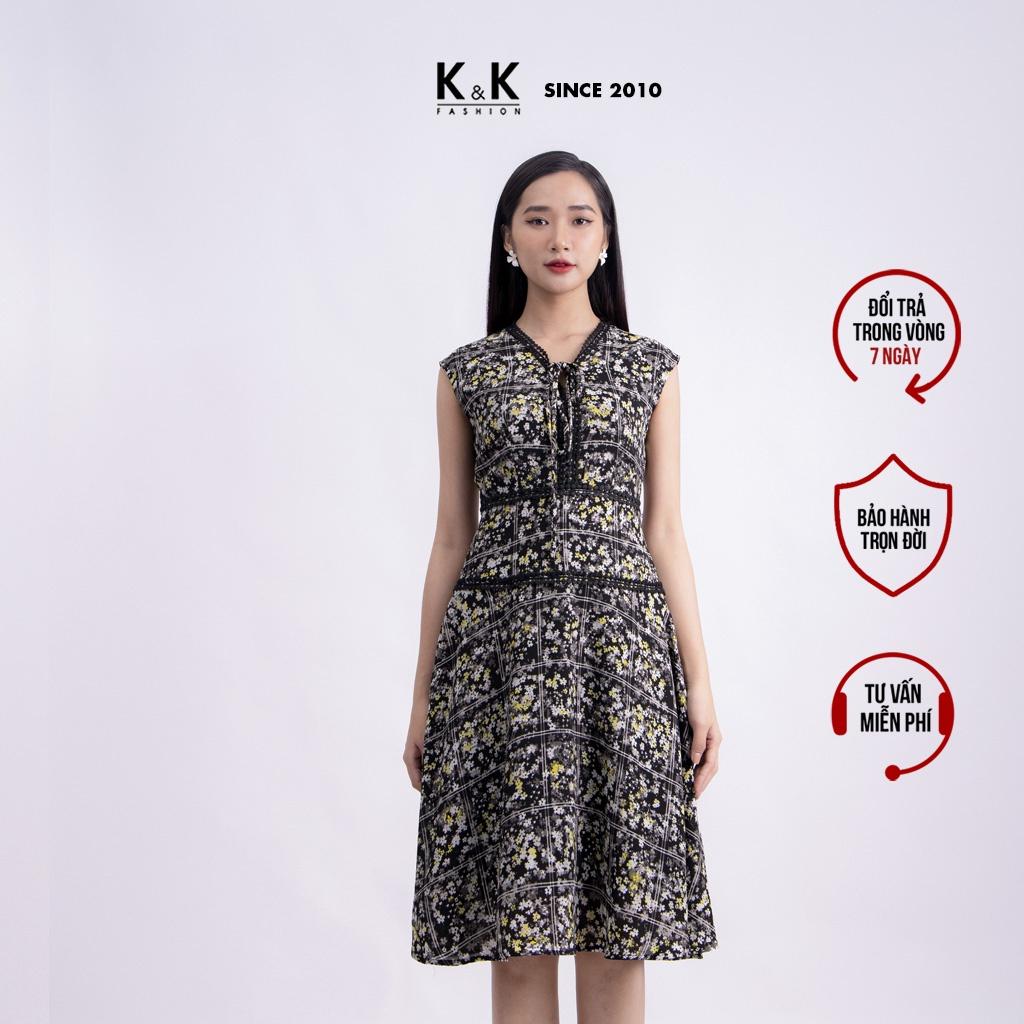 Đầm Xòe Hoa Nhí Phối Đăng Ten K&amp;K Fashion KK120-19 Chất Liệu Lụa Champa