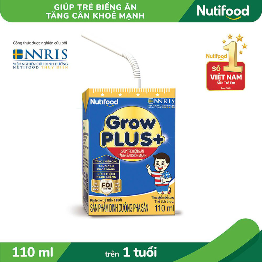 Thùng Sữa Bột Pha Sẵn Nutifood GrowPLUS+ Biếng Ăn 110ml -Tăng Cân Khỏe Mạnh (48 Hộp x 110ml)