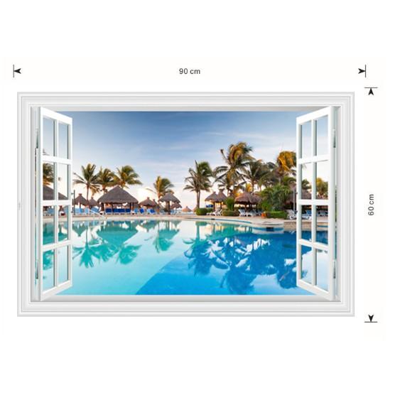 Decal trang trí khung cửa sổ 3D cảnh Hồ bơi đẹp trong Resot lớn