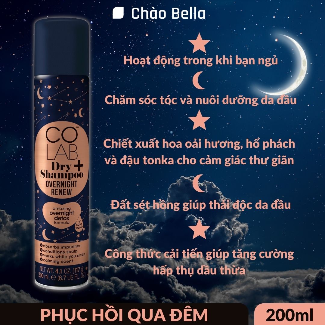 Dầu Gội Khô COLAB Plus Overnight Renew (Anh Quốc) | Phục Hồi - Dưỡng Qua Đêm, Tóc Bồng Bềnh Vào Nếp Ngay Sau Khi Ngủ Dậy (200ml)