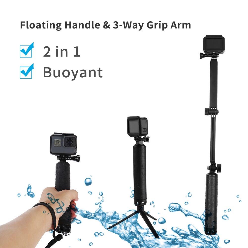 Tay Cầm Telesin Waterproof Selfie Stick Floating Hand Grip + 3-Way Grip Arm Monopod Pole Tripod (Hàng Chính Hãng)