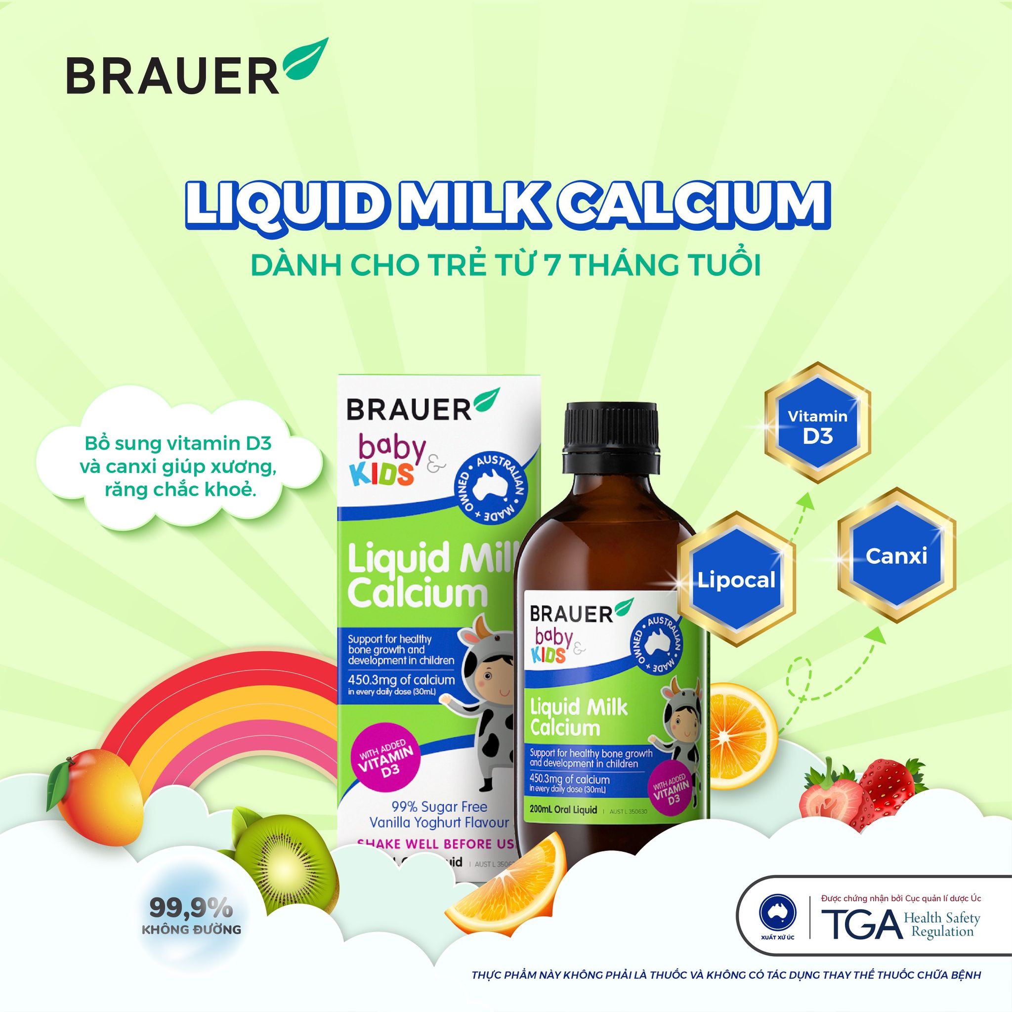 Calcium (canxi) hữu cơ, vitamin D3 cho trẻ sơ sinh, trẻ nhỏ Brauer Úc hỗ trợ phát triển chiều cao, cơ bắp, ngủ ngon, tăng hệ miễn dịch-OZ Slim Store