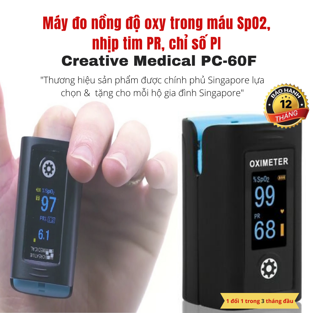 Máy đo nồng độ oxy trong máu SpO2 và nhịp tim Creative Medical PC-60F, công nghệ MoveOxy Technology