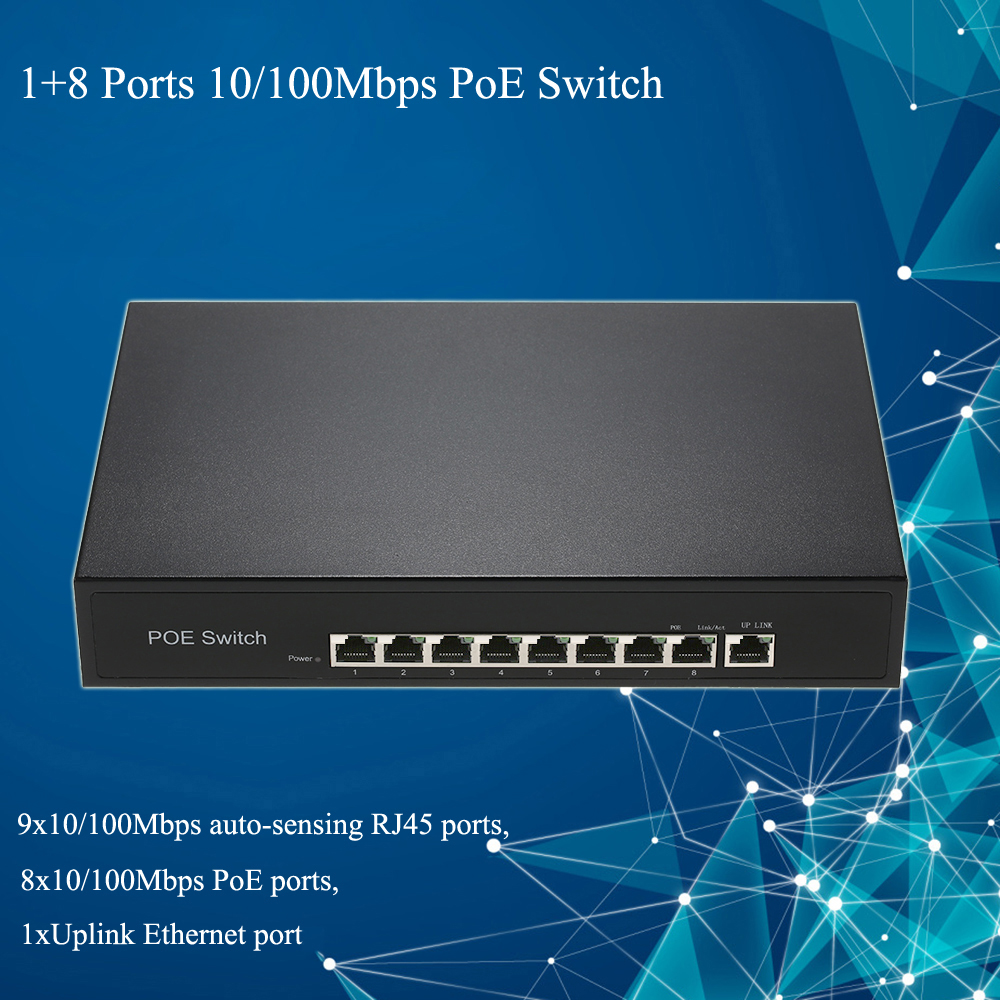 Bộ nguồn tích hợp AP VoIP 1 + 8 cổng 10 / 100Mbps PoE Switch Injector qua Ethernet IEEE 802.3af cho máy ảnh