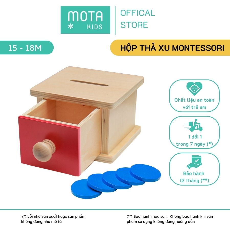 Đồ chơi hộp thả xu có ngăn kéo cho bé từ 15-18 tháng Montessori Mota- Phát triển thị giác &amp; sử dụng tay- Hàng chính hãng