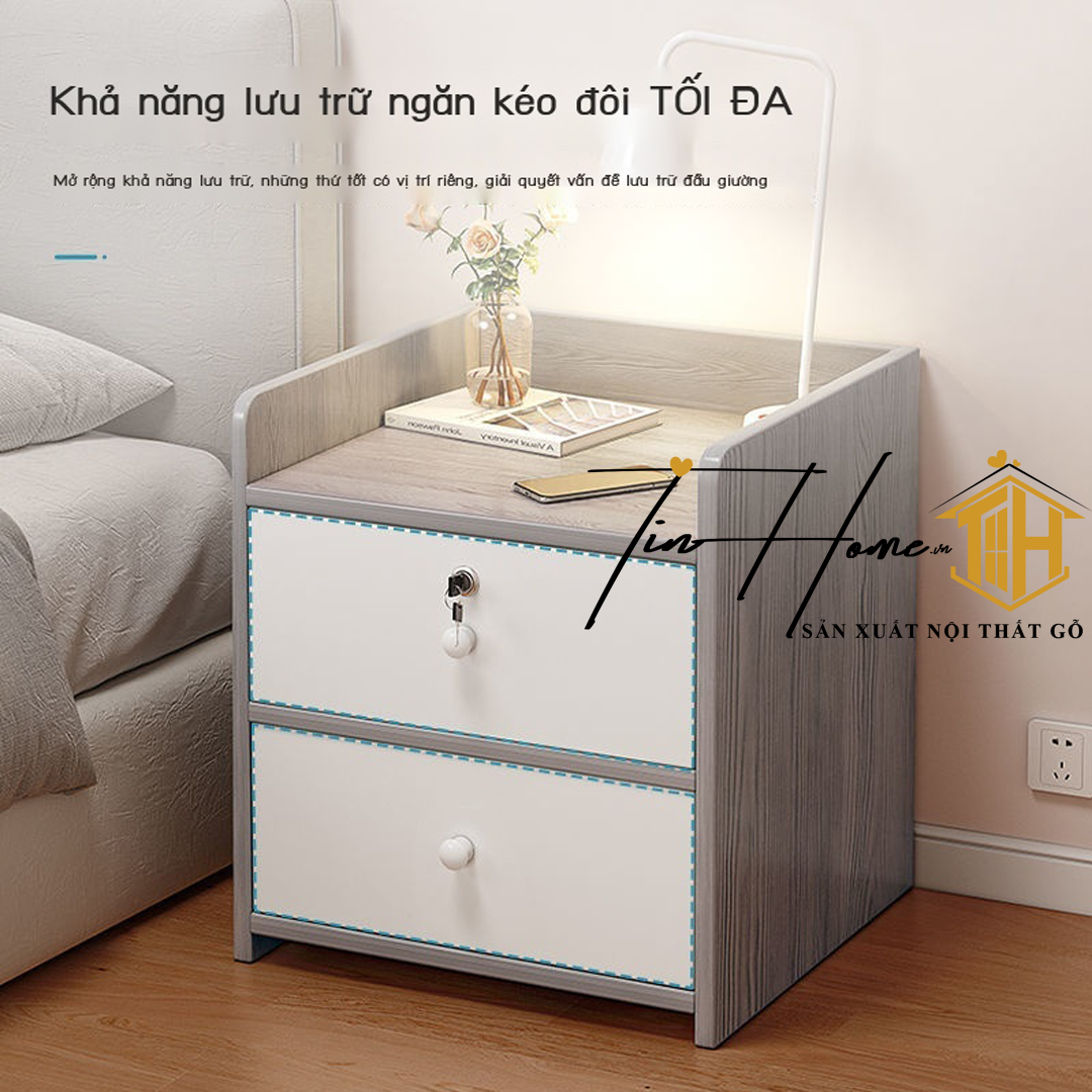 Tủ Đầu Giường bằng gỗ  MDF có ngăn khoá tiên dụng để đồ trang trí phòng ngủ TDG-002 (R450 x S400 x C450mm)