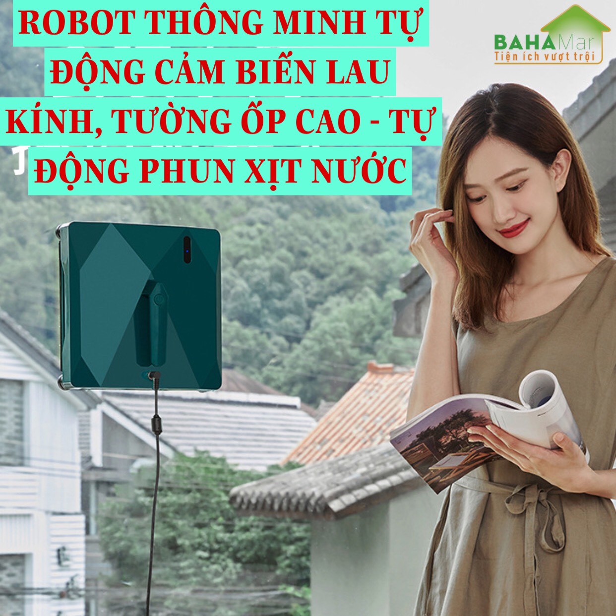 ROBOT THÔNG MINH TỰ ĐỘNG CẢM BIẾN LAU KÍNH, TƯỜNG ỐP CAO - TỰ ĐỘNG PHUN XỊT NƯỚC &quot;BAHAMAR&quot; thông minh tránh chướng ngại vật có điều khiển từ xa  Tự động hút bám kính chống rơi di chuyển hút chân không lau kính