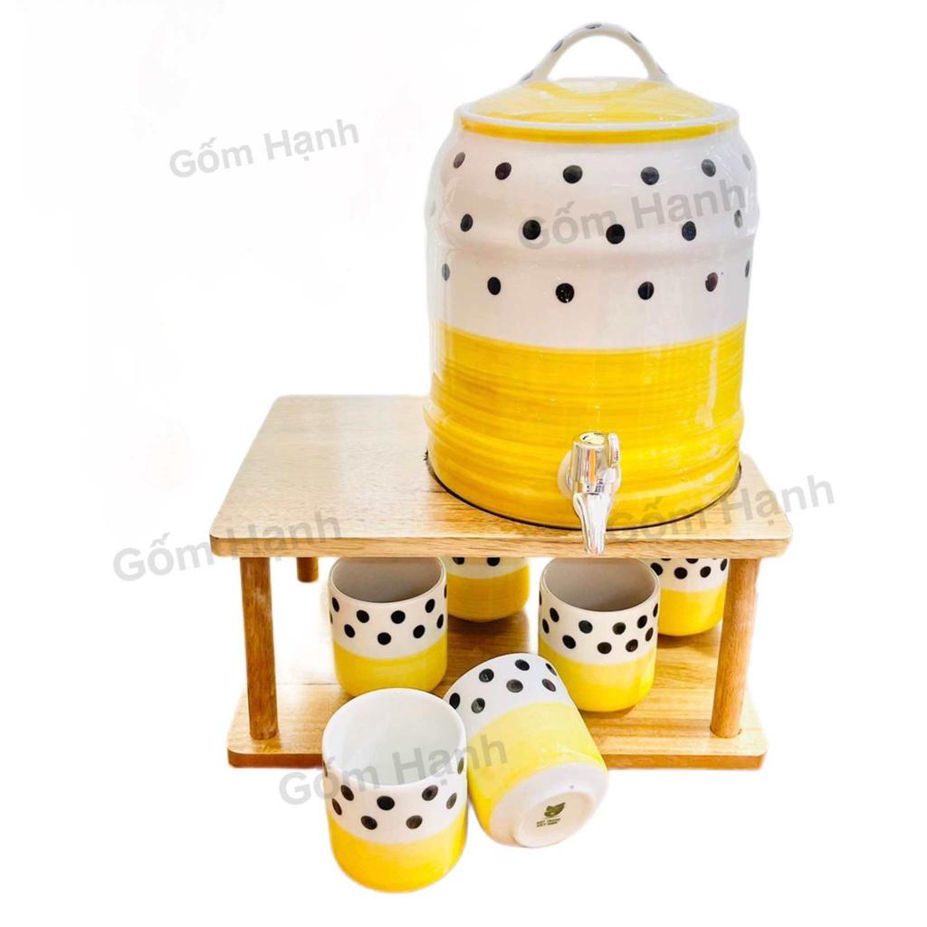 Bộ bình nước uống nước 4l-9l hoa văn dễ thương gốm Bát tràng gồm giá kệ, bình gốm, cốc uống nước