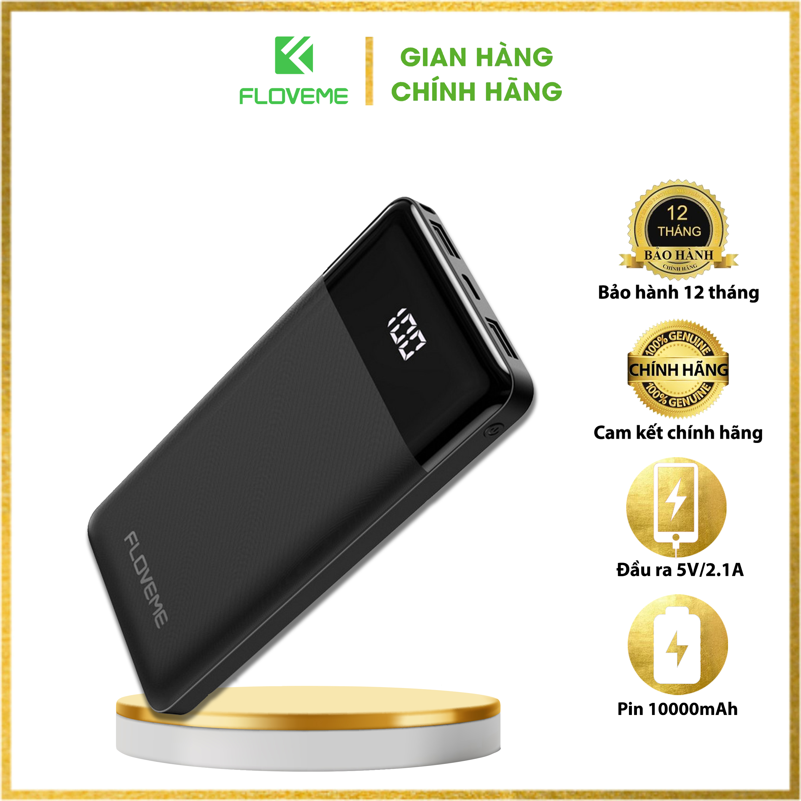 Pin sạc dự phòng 10000mAh có màn LED hình hiển thị, sạc nhanh 2.1A, đầu ra USB, đầu vào Micro + TypeC - Hàng chính hãng