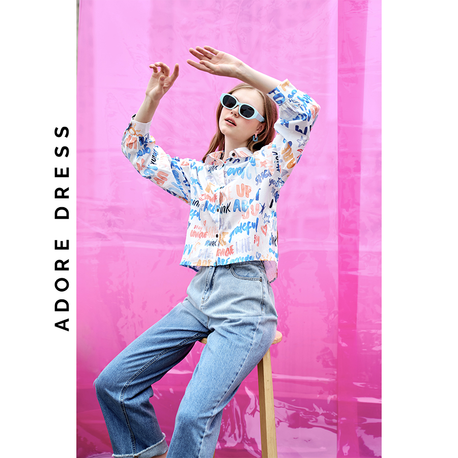 Áo sơ mi Shirts casual style thô lụa letter trắng 313SH1004 ADORE DRESS