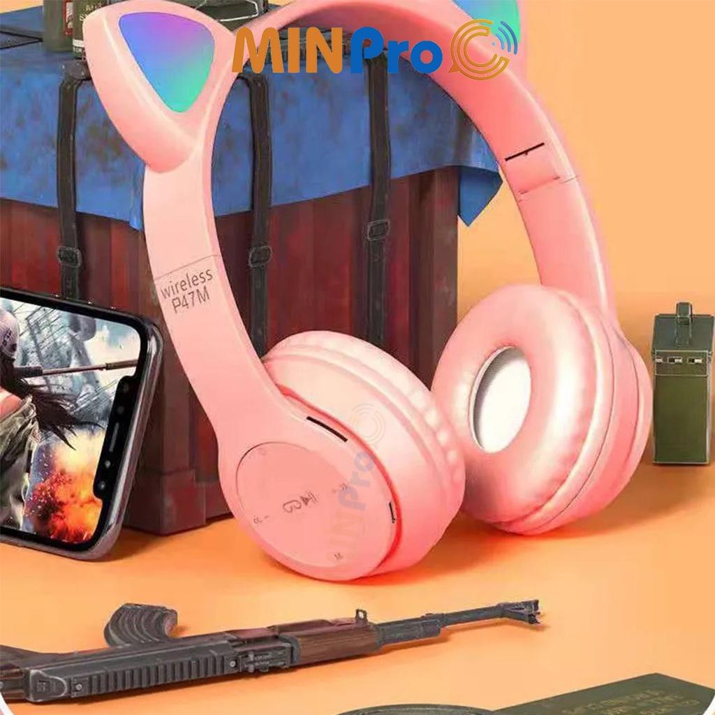 Tai nghe chụp tai mèo bluetooth 5.0 cute, Headphone tai mèo 7 màu led phát sáng không dây có mic - MINPRO