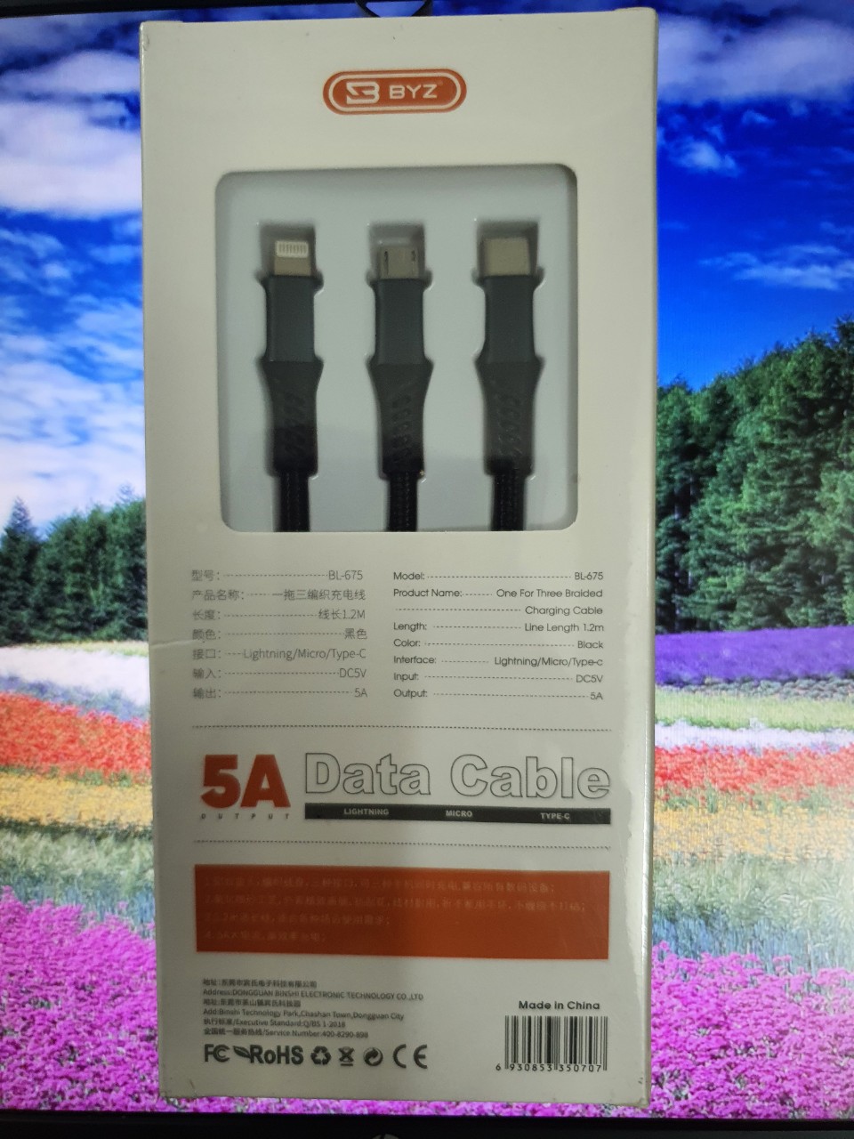 Cáp sạc đa năng BYZ BL-675 dây dù 3 đầu: Micro usb, Type C, Light - Dây dài 1,2 mét - Hàng chính hãng