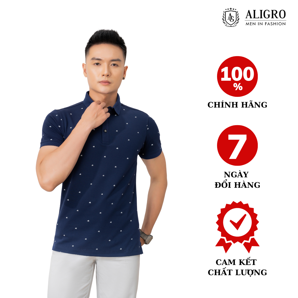 Áo polo cộc tay nam Aligro họa tiết màu navy ALGPLO63