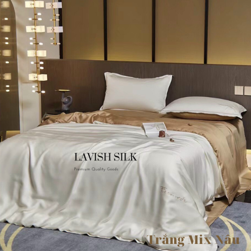 Trọn Bộ Ga Gối Lụa Kèm Chăn Sẵn Ruột + Tặng Bộ Quà Tặng Lavish Silk Cao Cấp - Trắng Mix Nâu