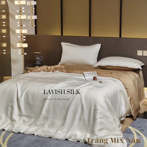 Trọn Bộ Ga Gối Lụa Kèm Chăn Sẵn Ruột + Tặng Bộ Quà Tặng Lavish Silk Cao Cấp - Trắng Mix Nâu