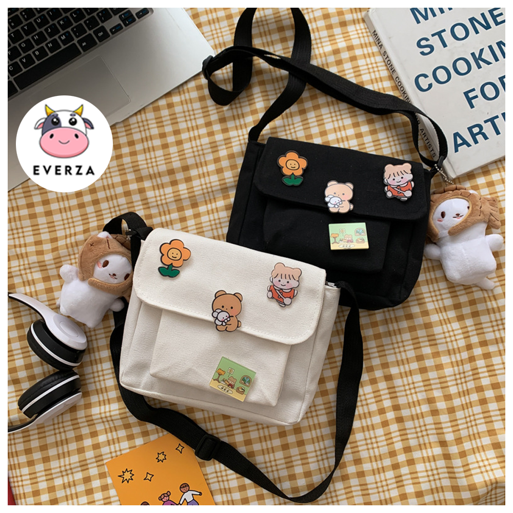 Túi Đeo Chéo Mini Vải Canvas Nữ Nhiều Ngăn Kèm Sticker Cá Tính Đi Học Đi Chơi Phong Cách Hàn Quốc