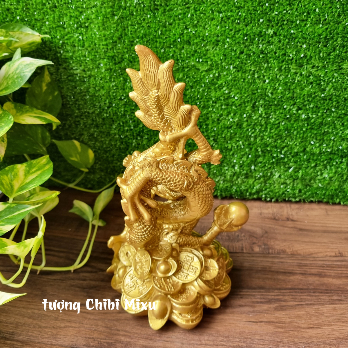 Tượng Rồng cuộn sơn nhũ ngang 14cm x cao 27cm