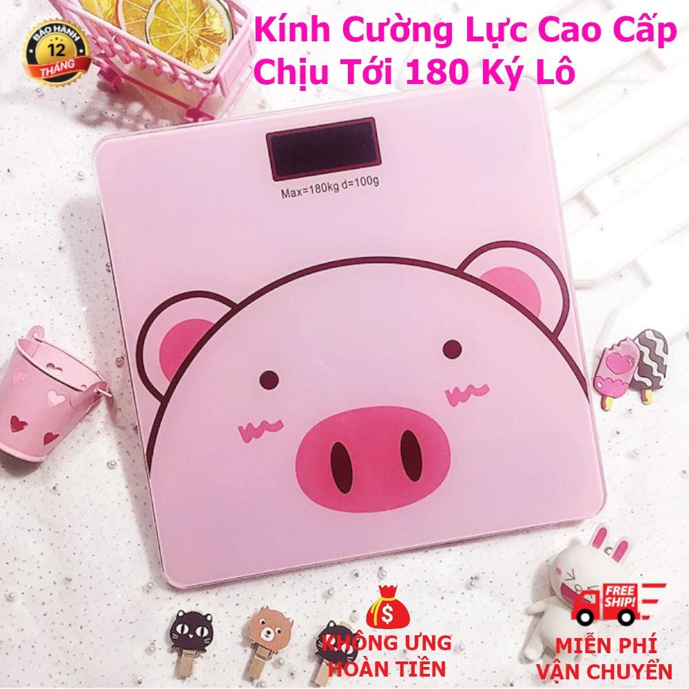 Cân Sức Khoẻ Heo Hồng, Pin Tiểu, Kính Cường Lực, Màn Hình Số Kèm Đo Nhiệt Độ Phòng