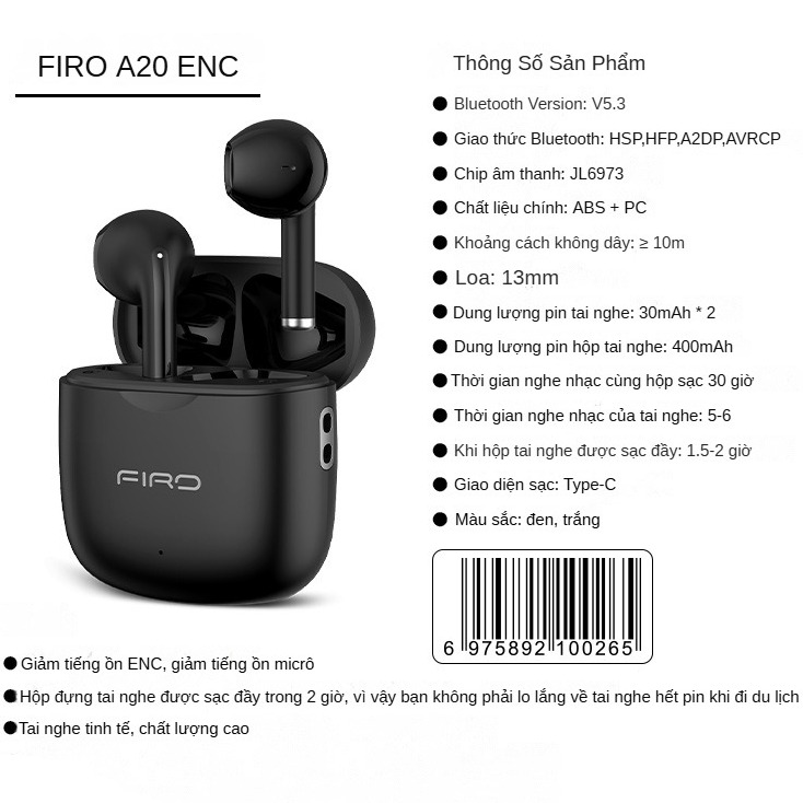 Tai Nghe Bluetooth Nhét Tai Không Dây FIRO A20 ENC Bluetooth V5.3 - Tai Nghe A20 ENC Giảm Tiếng Ồn Thông Minh - Âm Thanh HiFi - Điều Khiển Cảm Ứng - Tai Nghe Thể Thao Không Dây FIRO A20 - Phù Hợp Với Tất Cả Dòng Máy - Hàng Chính Hãng