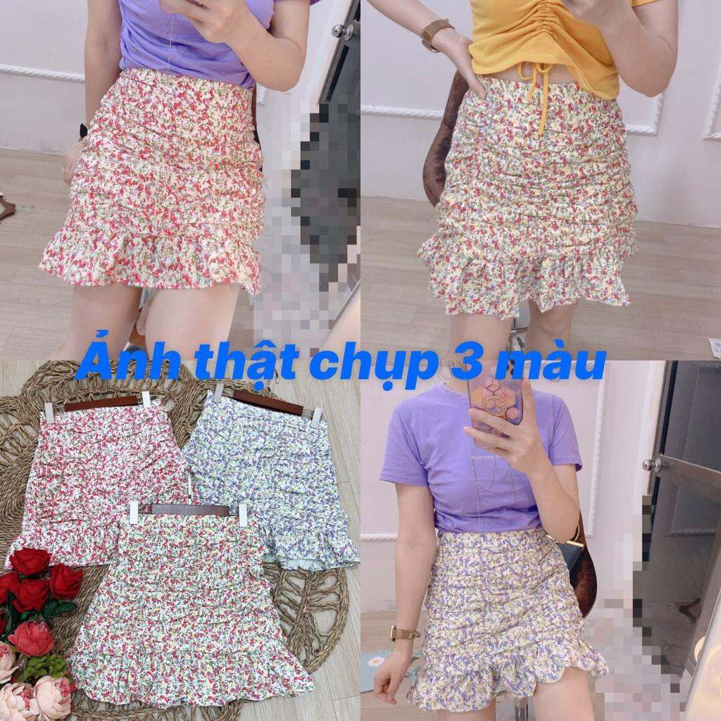 Chân váy hoa nhí Chân Váy Nữ Hoa Nhí Nhúm Vạt Bèo Váy Nữ Hoa Cạp Cap 3 Màu, chân váy ngắn nữ hình hoa nhỏ xinh xắnnnn