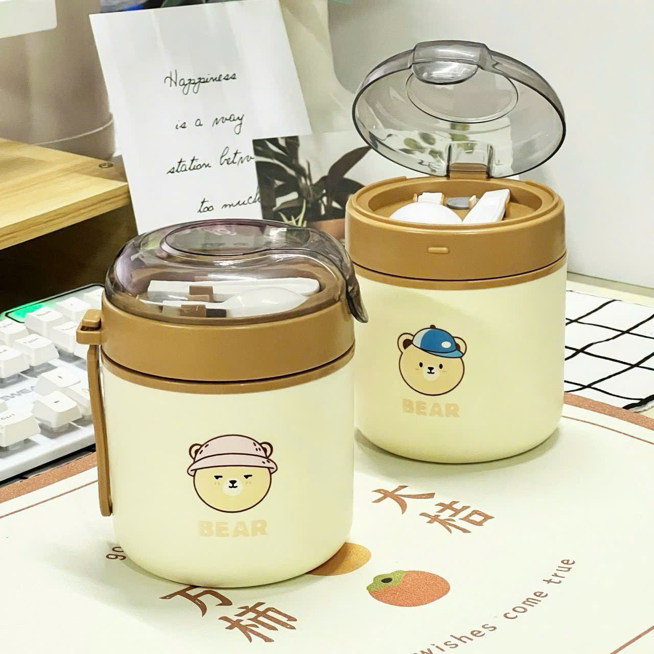 Bình Ủ Cháo DEAR LITTLE BEAR Kèm Muỗng, Túi Xách, Nhựa Không BPA, Inox 304 An Toàn - HÀNG CHÍNH HÃNG MINIIN