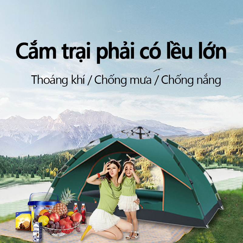 Lều Cắm Trại Dã Ngoại Du Lịch Tự Động 4-6 người, ngăn Muỗi, Chống Nắng Cao Cấp, Lều Tự Bung 1 Cửa Chính, 3 Cửa Sổ