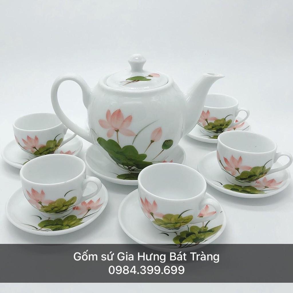 Bộ ấm chén vẽ sen gốm sứ Gia Hưng Bát Tràng