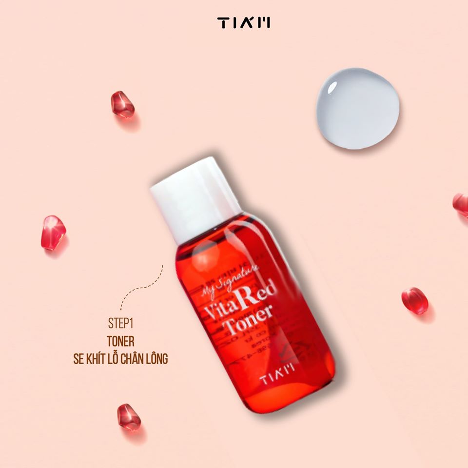 Mini Set dưỡng trắng da, làm mờ thâm, đều màu da TIAM My Signature Red C Toner 40ml+ Serum 12ml + Cream 15ml Tặng 1 mask dưỡng ẩm săn chắc da Foodaholic Vitamin E phù hợp cho làn da nhạy cảm, tiện lợi khi du lịch và thường xuyên công tác