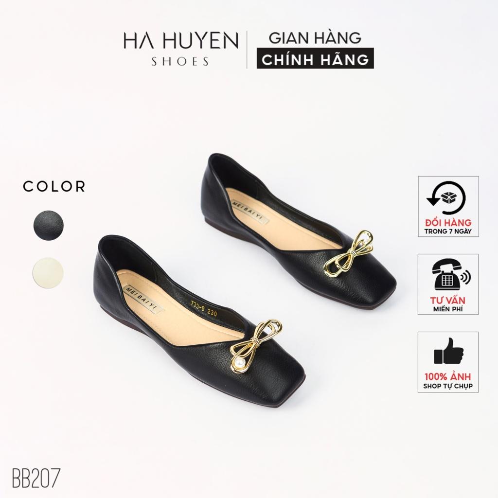 Giày búp bê nữ Hà Huyền Shoes mũi vuông phối nơ kim loại sang trọng - BB207