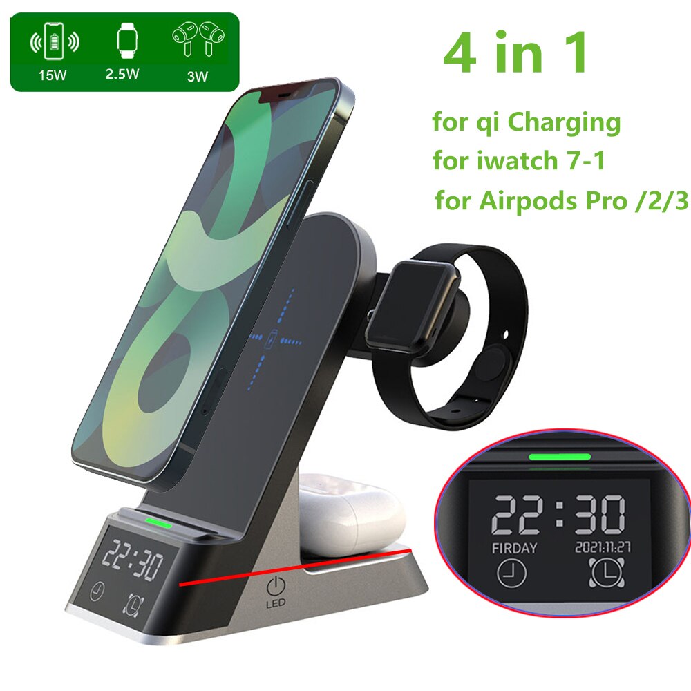 Đế sạc không dây để bàn 4 IN 1 Wireless Charger With Alarm Clock H35