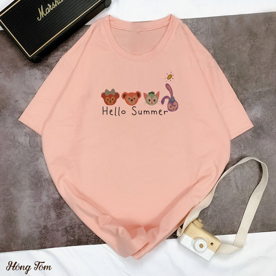 Áo Thun Nữ Tay Lỡ Màu Hồng In Icon Thú Cưng Hoạt Hình Hello Summer Local Brand DLX Áo Phông Nữ Đẹp