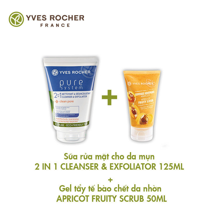 Combo Tẩy Tế Bào Chết Cho Mặt Yves Rocher Apricot Fruity Scrub 50ml + Sữa Rửa Mặt Cho Da Mụn 2 In 1 Cleanser &amp; Exfoliator Yves Rocher (125 ml)