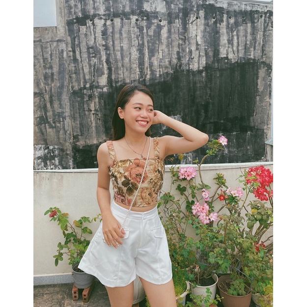 Áo croptop hoa hai dây bản to