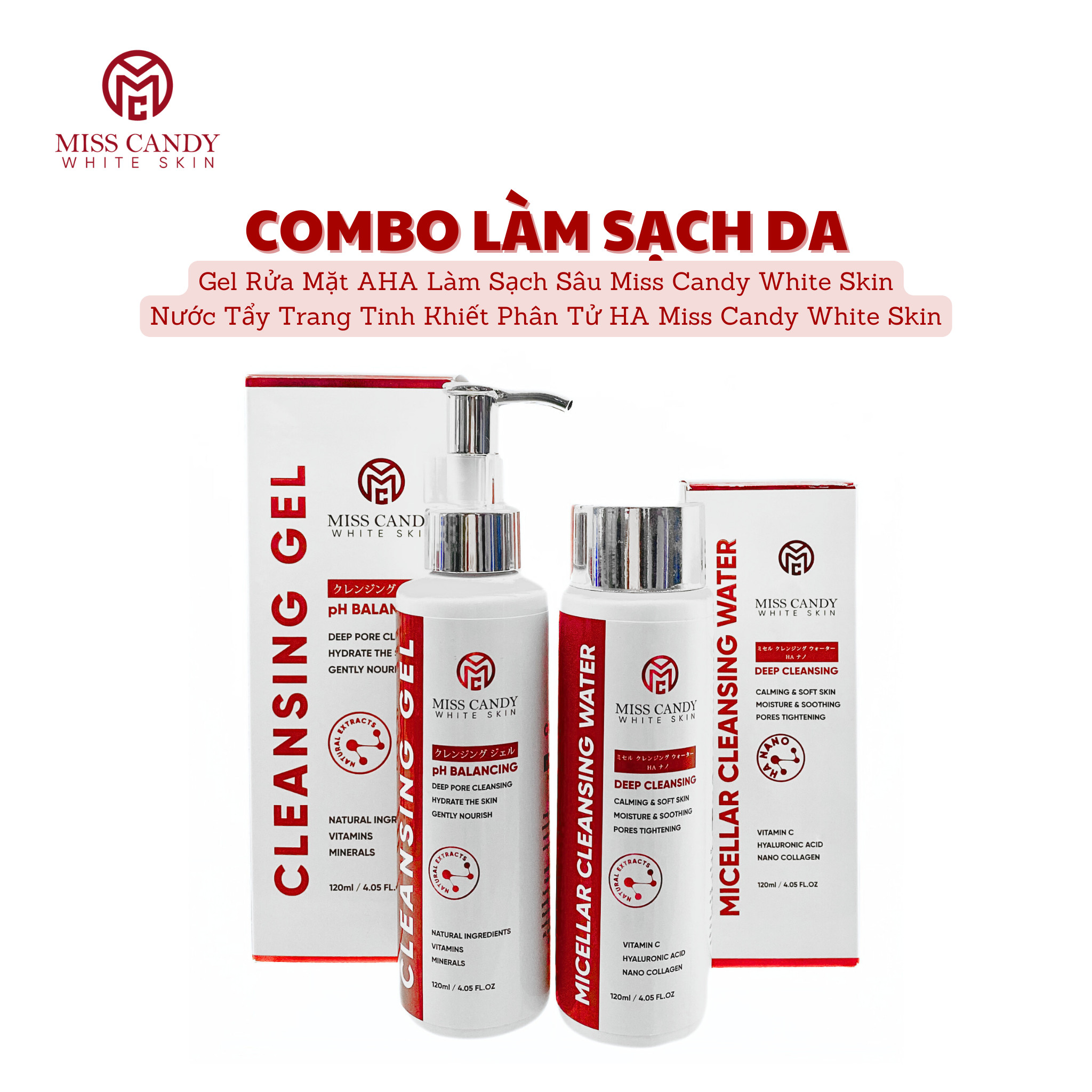 Combo 2 Sản Phẩm Giúp Làm Sạch Sâu Da Dịu Nhẹ Gồm: Nước Tẩy Trang Phân Tử HA Nano 120ml + Gel Rửa Mặt Dịu Nhẹ AHA 120ml MISS CANDY - PHỤNG BEAUTY