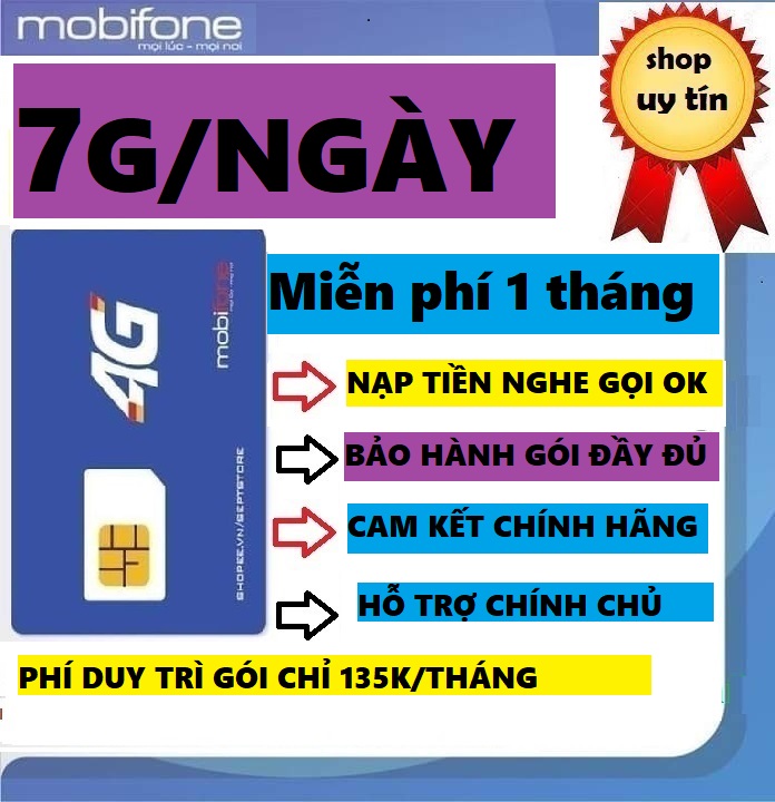 Sim 4G MobiFone 1/3TK135,siêu phẩm 7G/ngày-chuyên data-Miễn phí 1-3 tháng ko cần nạp tiền - Hàng chính hãng