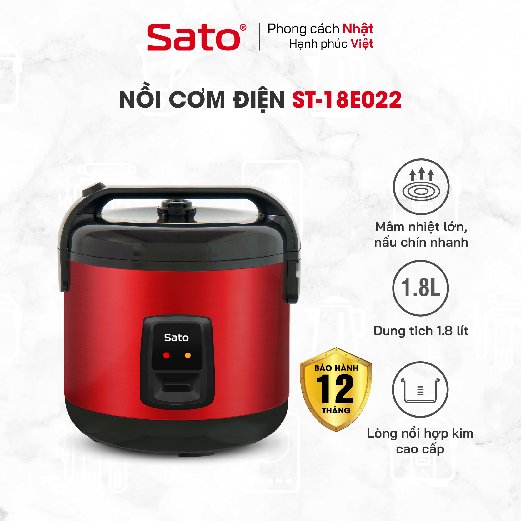 Nồi Cơm Điện SATO 18E022 1.8L - Công nghệ ủ ấm đa chiều giúp cơm ngon hơn và giữ ấm được lâu hơn - Miễn phí vận chuyển toàn quốc - Hàng chính hãng