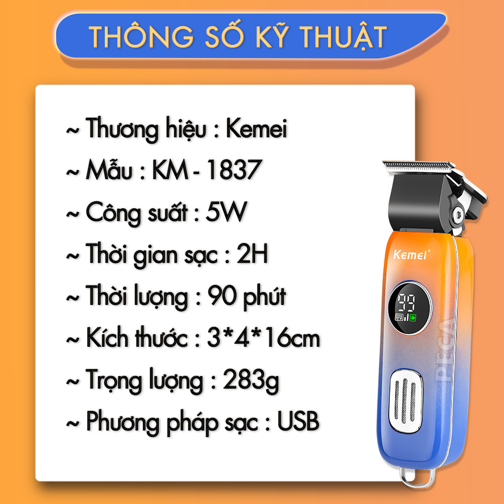 Tông đơ cắt tóc không dây Kemei KM-1837 phiên bản mới cải tiến điều chỉnh 2 mức tốc độ màn hình LCD thông minh sạc nhanh USB công suất mạnh