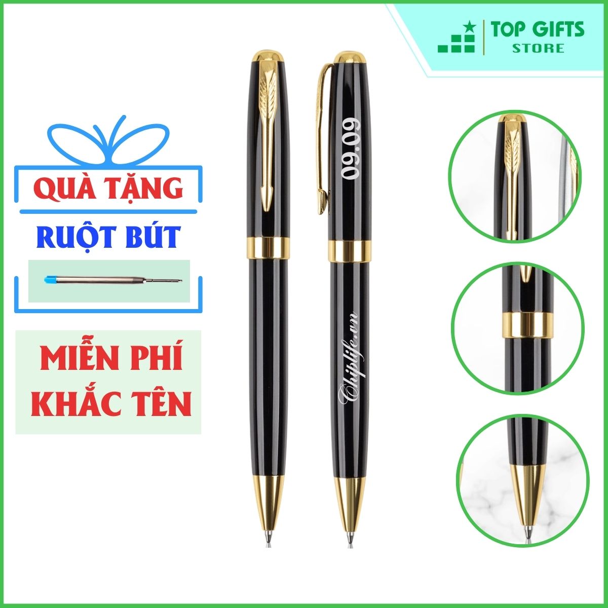 Bút ký khắc tên kim loại cao cấp ĐEN IMD010 xoay mở ngòi - Quà tặng sếp, quà tặng doanh nghiệp| Bút ký khắc tên + Ruột Bút + Hộp đựng bút