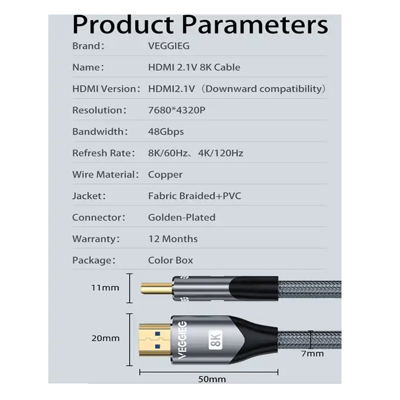 Dây HDMI 2.1 8K dài 1.5m 2M 3M 5M siêu tốc độ cao 8K/60Hz 4K/120Hz Veggieg Hàng Chính Hãng VH402