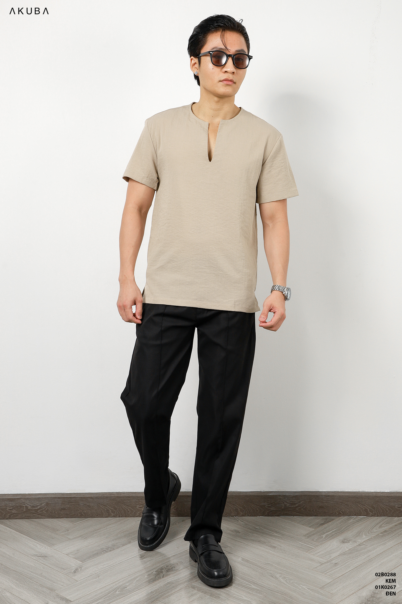 Áo linen nam tay ngắn trơn AKUBA form regular, vải linen nhẹ, thấm hút cực tốt, thân thiện môi trường 02B0288