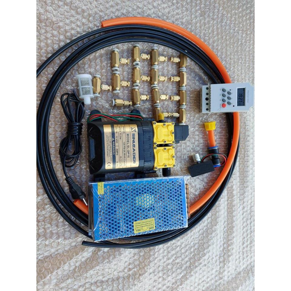 Bộ phun sương SINLEADER đôi kèm nguồn 12v-10a. Bộ hẹn giờ TIMER. điều tốc. 15 béc đồng. 20m dây phun sương 8mm