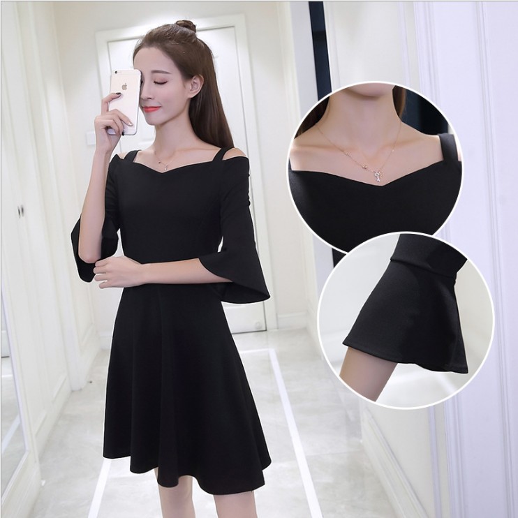 Đầm nữ đen trơn hai dây bẹt vai tay loa nữ tính phong cách Hàn Quốc