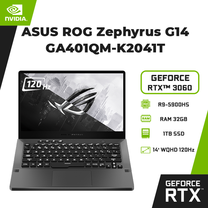 Laptop Asus ROG Zephyrus G14 GA401QM-K2041T (AMD R9-5900HS/ 32GB (16x2) DDR4 3200MHz/ 1TB SSD PCIE G3X4/ GTX 3060 6GB GDDR6/ 14 WQHD IPS, 120Hz/ Win10) - Hàng Chính Hãng